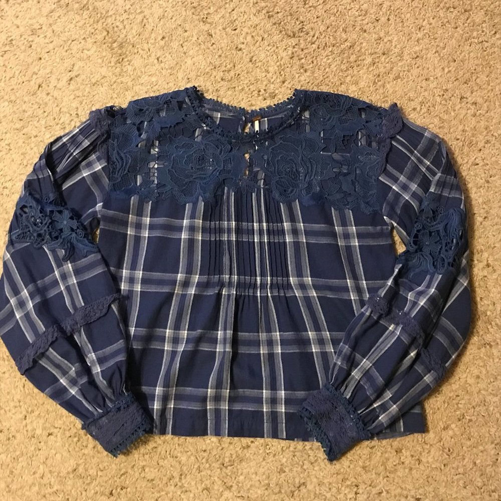 Free People Navy Blue Plaid Lace Yoke Crop Top